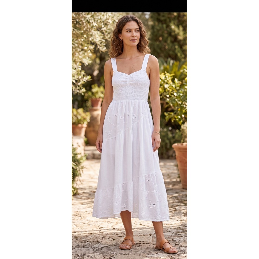 Smocked Eyelet Lace Maxi Dress Women M Cottagecore Boho Tiered Romantic Prairie